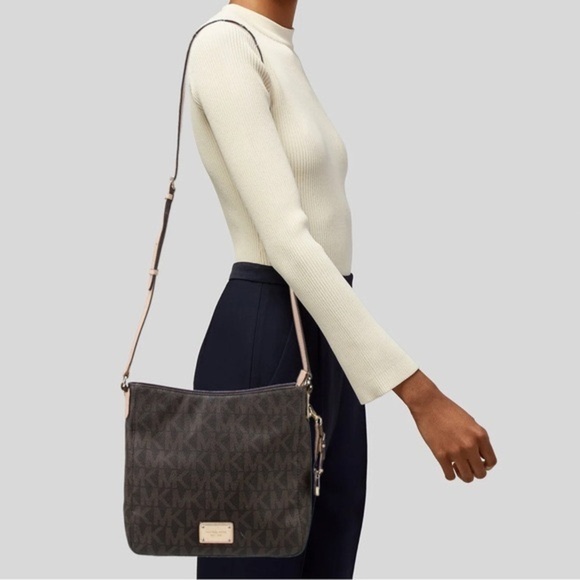 Michael Kors Brown Logo Printer Leather Crossbody Bag Medium Size - Picture 1 of 10